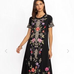 Johnny Was Dacie Handkerchief Black Floral Embroidered Midi Dress